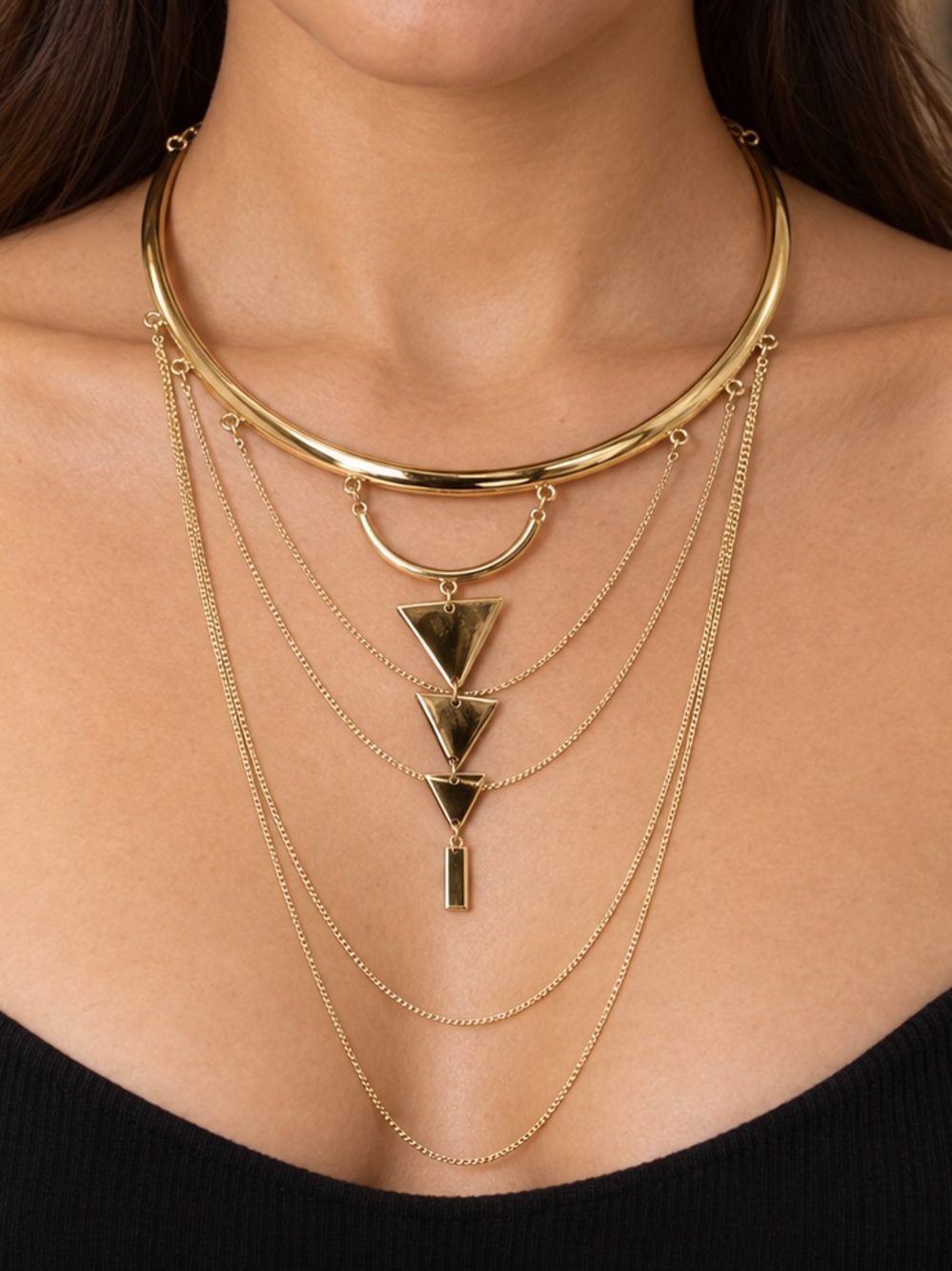 Express- Layered Gold Tone Geometric Pendant Necklace